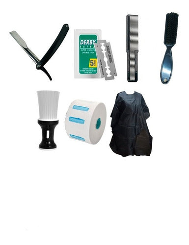 Pelumar Kit De Barberia Navaja+Filo+Cepillo+Capa+Talquer+Peine+Rollo 0