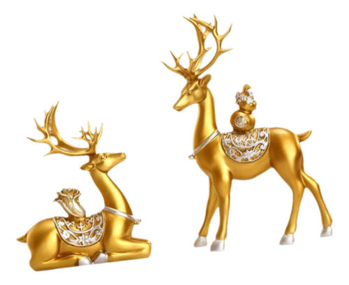 2 Pçs Estatuetas De Cervos Ornamentos De Mesa Ouro 0