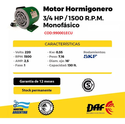 Motor Para Hormigonera 3/4hp E- 1500 Rpm-monofásico Ind. Arg 1