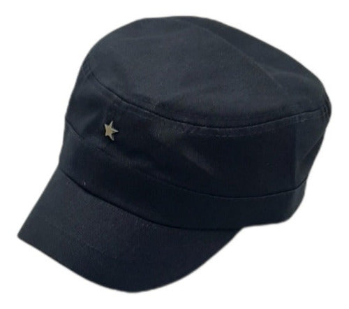 Military Style Short Visor Cap with Metal Star Applique Cotton Gabardine 0