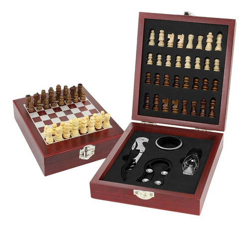 Generic Set De Vino 4 Piezas + Ajedrez En Caja Estuche De Madera 2