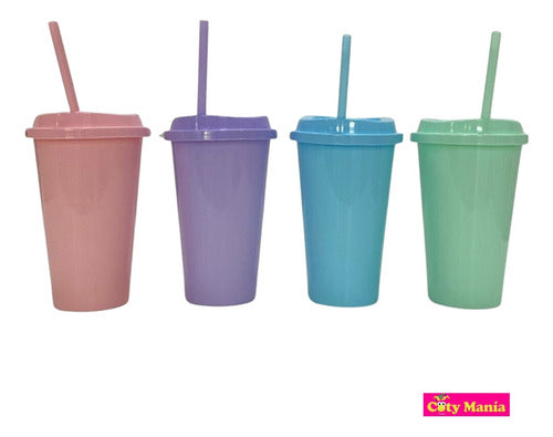 Pastel Color Plastic Cup with Lid and Straw - Cotillon Party Supply 1