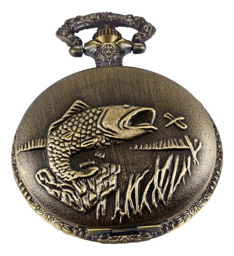 Whodoit Pocket Watch with Vintage Fish Design and Chain 0