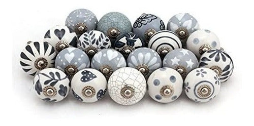 Indian Haat Bazaar Assorted Cabinet Knobs - Grey & White Cream Mix Designed Rare Hand Painted Ceramic Drawer Pulls Door Handle Home Decor Hardware - Pack Of 6 Pcs 1