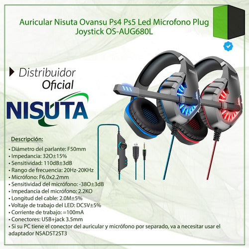 Nisuta Gaming Headset OS-AUG680L for PS4/PS5 with LED & Microphone 4