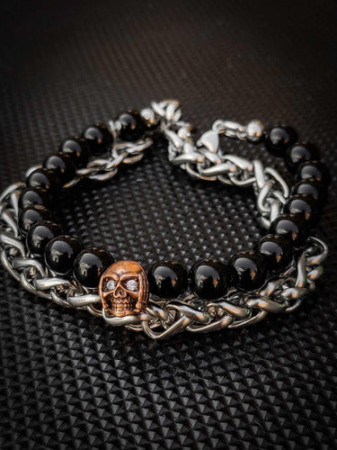 Skull Factory Joyas Pulsera Calavera Dj Doble Onix Y Acero Modelo Exclusivo 1