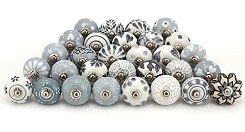 Indian Haat Bazaar Assorted Cabinet Knobs - Grey & White Cream Mix Designed Rare Hand Painted Ceramic Drawer Pulls Door Handle Home Decor Hardware - Pack Of 6 Pcs 0