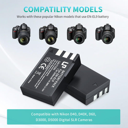 LP EN-EL9 EN-EL9A Battery Pack, LP 2-Pack Rechargeable Li-ion Battery Set for Nikon D40, D40x, D60, D3000, D5000 Cameras 1