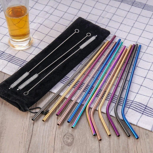 Stainless Steel Colorful Drinking Straws Set with Brush for Barman Cocktails - Set De Bombillas Color Sorbete Cepillo Tragos Acero Barman