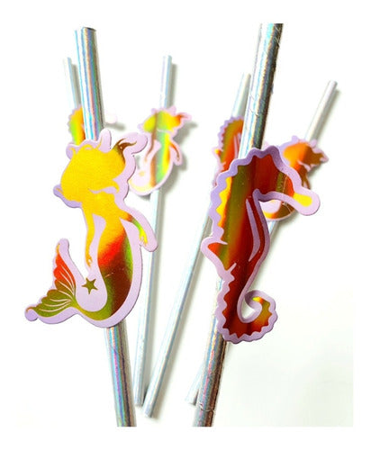 Iridescent Mermaid and Seahorse Polipaper Straws x6 Party Favors C 0