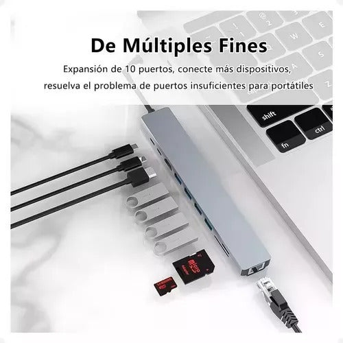 Malvo Adaptador Hub Usb-C 10 En 1 Hdmi 4K Macbook Pc Sd Pendrive 1