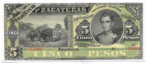 Billete Mejico Zacatecas 5 Pesos Año 1914 Catalogo S 475 Sin Circular 0