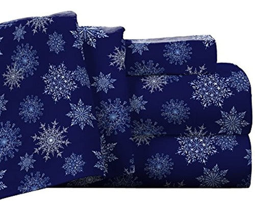 Pointehaven Deep Pocket Flannel Sheet Set with Extra Large Flat Sheet – Snow Flakes Navy 0