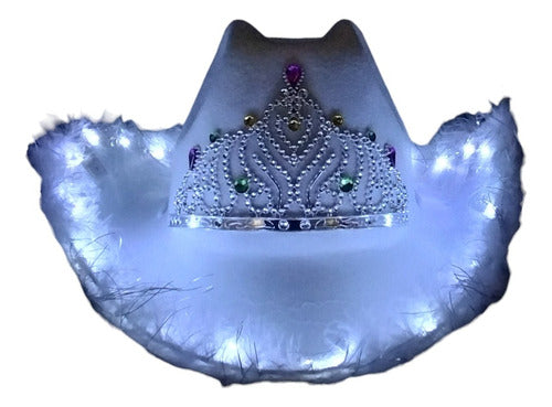 Cowboy Cowgirl LED Light-Up Hat with Feathers and Crown - White or Pink 0