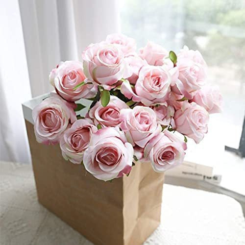 Realistic Silk Artificial Roses 10pcs Light Pink with Long Stems 4