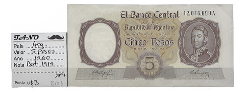 B103 Argentina 5 Pesos Bill 1960 Bottero 1919 XF+ 0