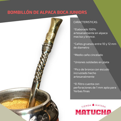 Argentinean Handcrafted Mate Straw Boca Juniors Alpaca and Bronze Suitable for Canarias - Bombillon Artesanal Boca Jrs Alpaca Y Bronce Apta Canarias