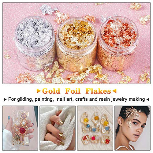 Meganeopre Gold Foil Flakes With Tweezers And Brush, 3 Bottles 2