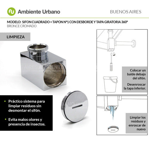 Ambiente Urbano Sifon Cuadrado Descarga Cromo + Tapon Con Desborde Tapa 360º 6