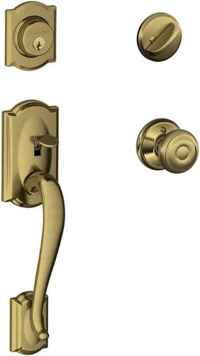 Schlage Camelot Single Cylinder Handleset And Georgian Knob, Antique Brass (F60 CAM 609 GEO) 0