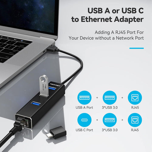 Adaptador Usb A Ethernet, 3 Puertos De Aluminio Usb 3.0 Hub 1