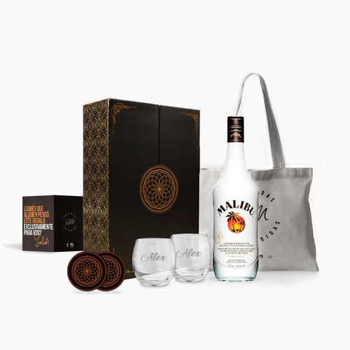 Premium Malibu Coconut Rum Gift Box with Engraved Glasses 0