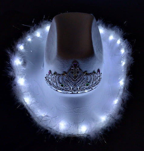 Cowboy Cowgirl LED Light-Up Hat with Feathers and Crown - White or Pink 3