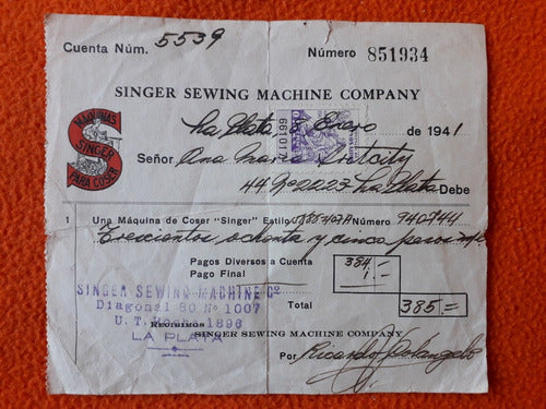 Antiguo Recibo Maquina De Cocer Singer Con Sello Fiscal 1941 0