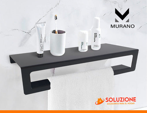 Murano Kit Baño Toallero Con Estante + 2 Perchas Acero Inox Negro 3