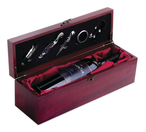 JS Set De Vino X 5 Piezas Caja De Madera Forrada Porta Botella 0