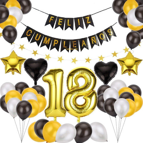 Combo Cumple Banderin Globos Numeros Dorado Negro 0