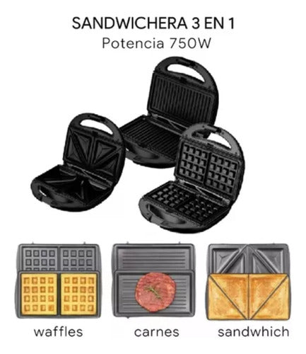 Genérica Wafflera Sandwichera Grill Electrica 3 En 1 Antiadherente 3