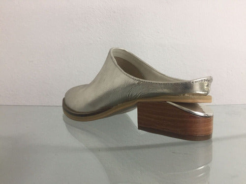 Mandarine Leather Low-Heel Clog with Platinum Golden Leather and Metal Wedge 1