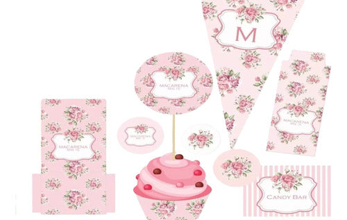 Imprimi Kits Kit Flores Rosas 15 Años Shabby Chic Rosa Editable 0