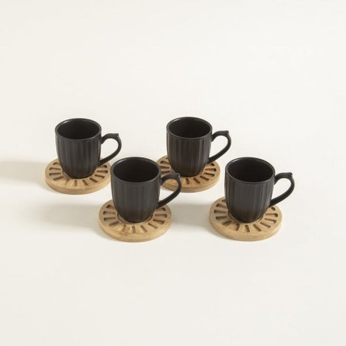 Mishka Set X4 Tazas De Porcelana Negra Rayadas Plato Bamboo 160ml 0