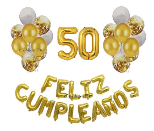 Combo Deco Globos Feliz Cumple Blanco Y Dorado Numero 0