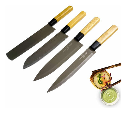 Geko Set Cuchillos Sushi Carne Pescado Verduras Acero Madera 0