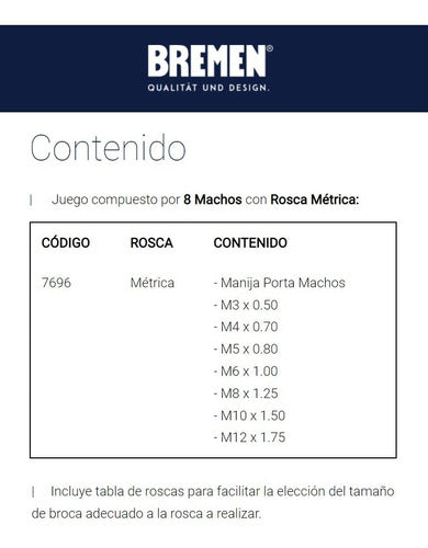 BREMEN® Set Juego Machos Con Manija Porta Macho 8 Pz M3 - M12 1