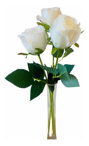 Set of 3 Premium Artificial White Roses with Green Leaves 0
