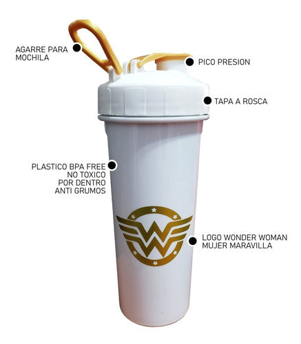 Shaker Wonder Woman Mujer Maravilla No Toxico Tapa Rosca 1