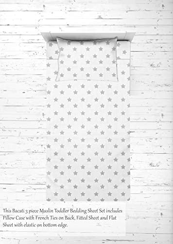 Bacati Stars Muslin 3 Piece Toddler Bed Sheet Set - Gray 2