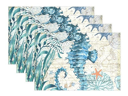 Jereee Seahorse Blue Nautical Map Set of 4 Placemats 0