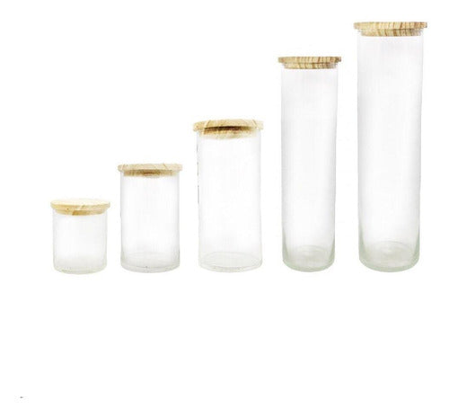 Set of 5 Cylinder Glass Jars 9 cm with Wooden Lid 0