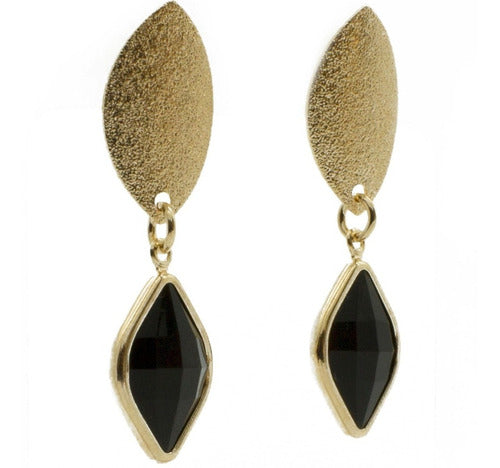 Romminox Hanging Earrings Laminated 18k Gold Sandy Design with Black Crystal 1