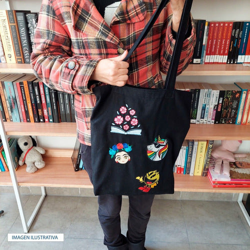 Handmade Embroidered Canvas Tote Bag with Internal Pocket - Black 3