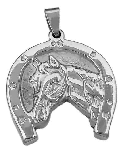 Large Horse Head in Horseshoe Stainless Steel Surgical Pendant Necklace C:4151 0