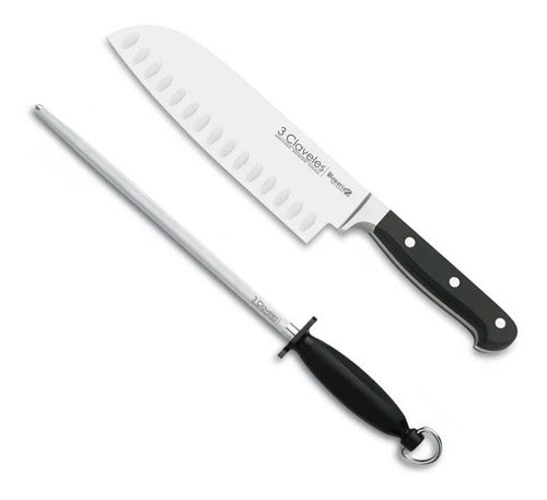 3 Claveles Santoku Stainless Steel Set 18cm + 20cm Grooved Sharpener 0