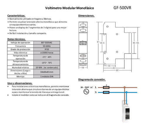 Gralf Modular Single-Phase Voltmeter 80V-500V Riel-Din Digital 4