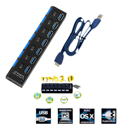 7Port Splitter Adapter USB3.0 Hub 5Gbps On/Off Switch 0