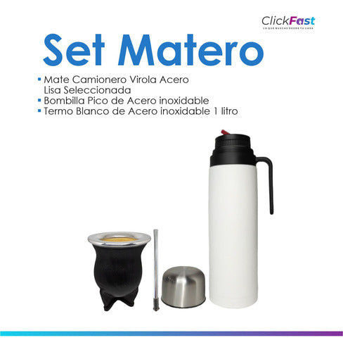 Set Kit Matero Termo Acero + Mate Artesanal + Bombilla 1